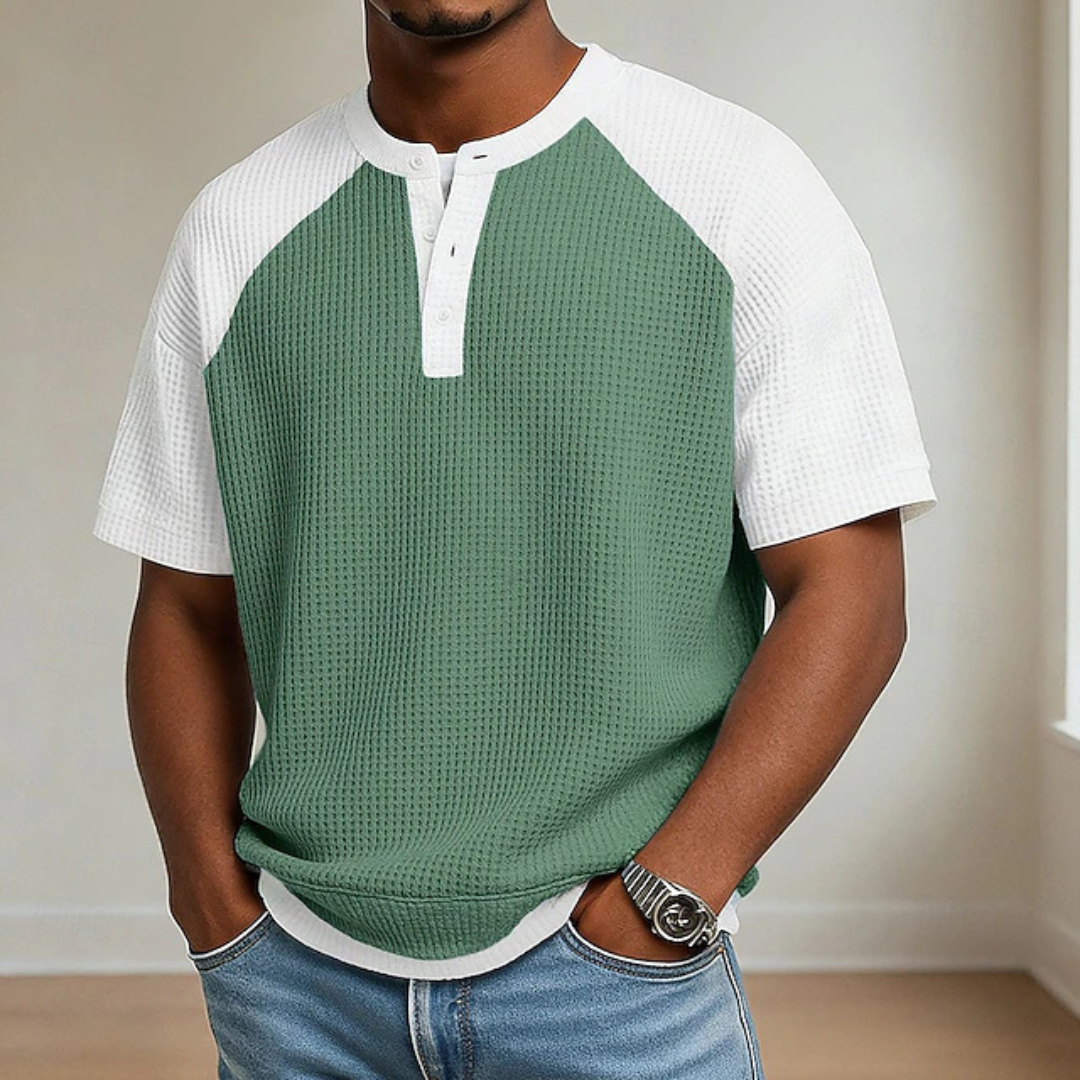Men's light blue waffle knit button polo shirt