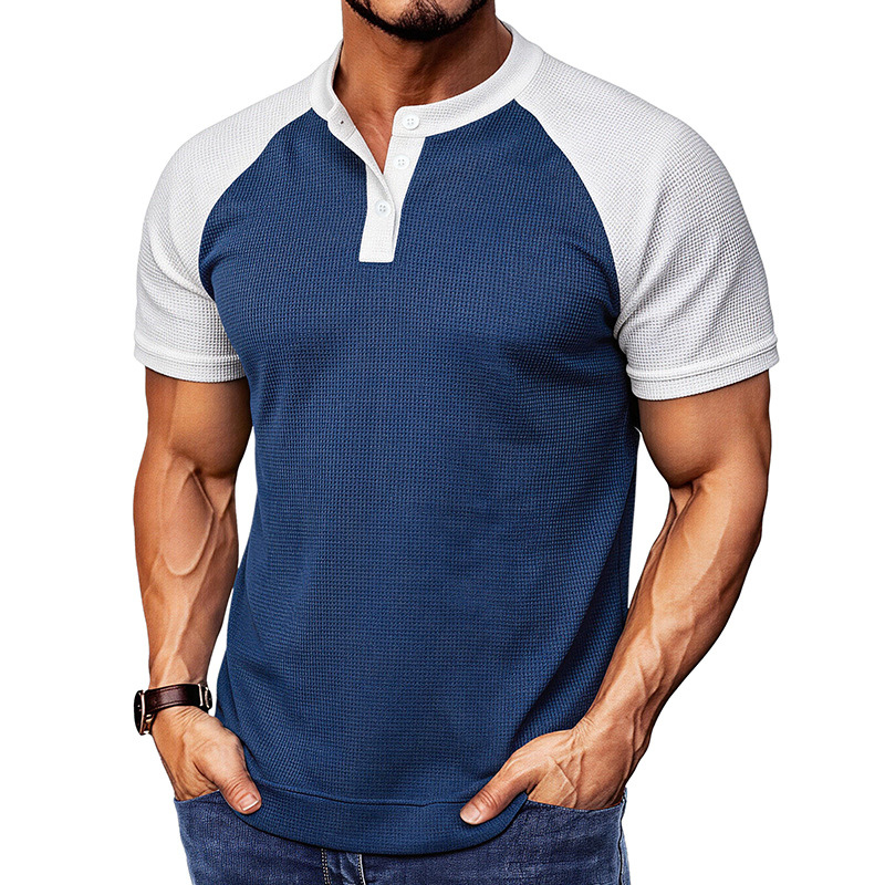 Men's light blue waffle knit button polo shirt