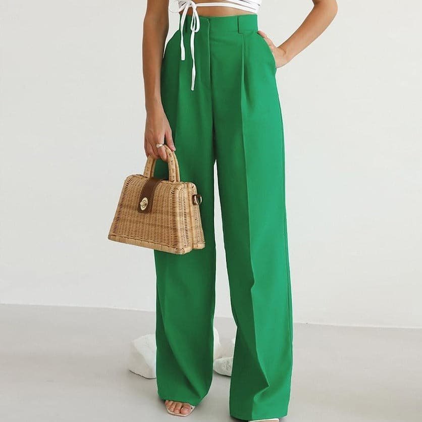 Wide Leg Trousers High-Waisted Pleated Green 0