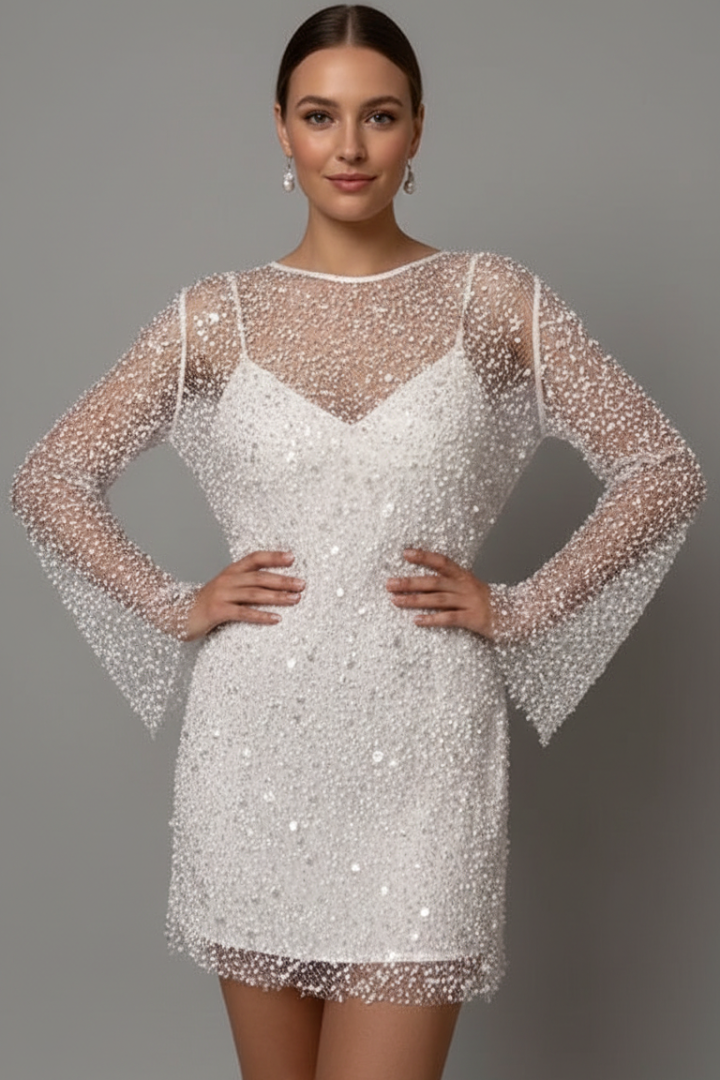 Women's white mesh overlay mini party dress with sleeveless underlayer