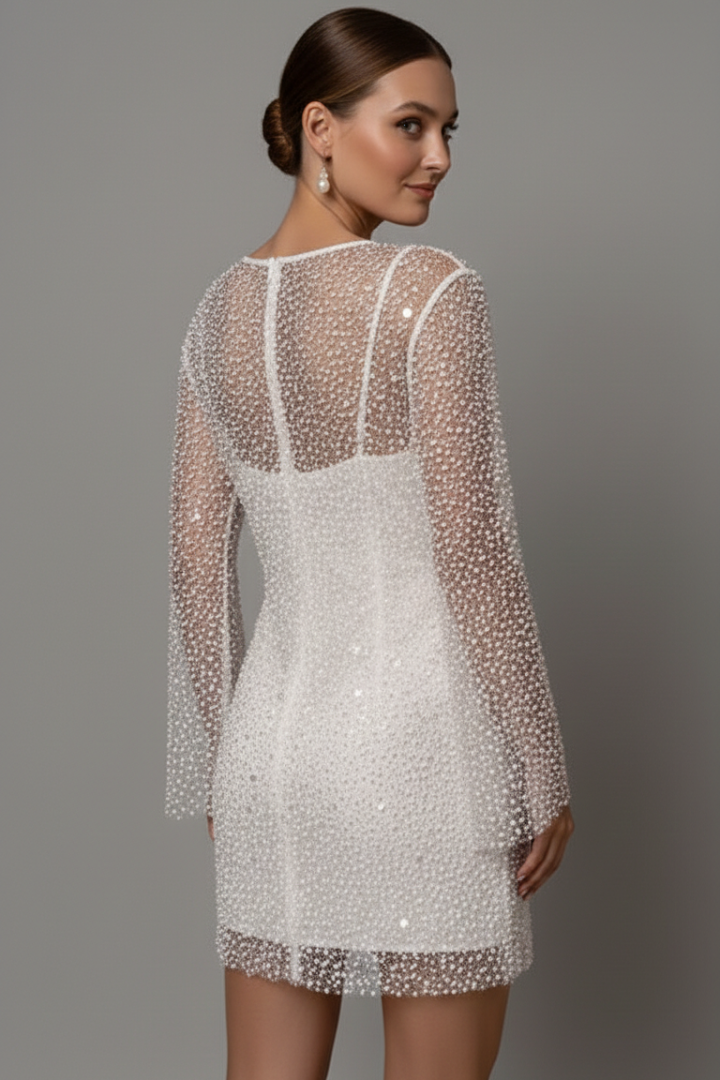 Women's white mesh overlay mini party dress with sleeveless underlayer