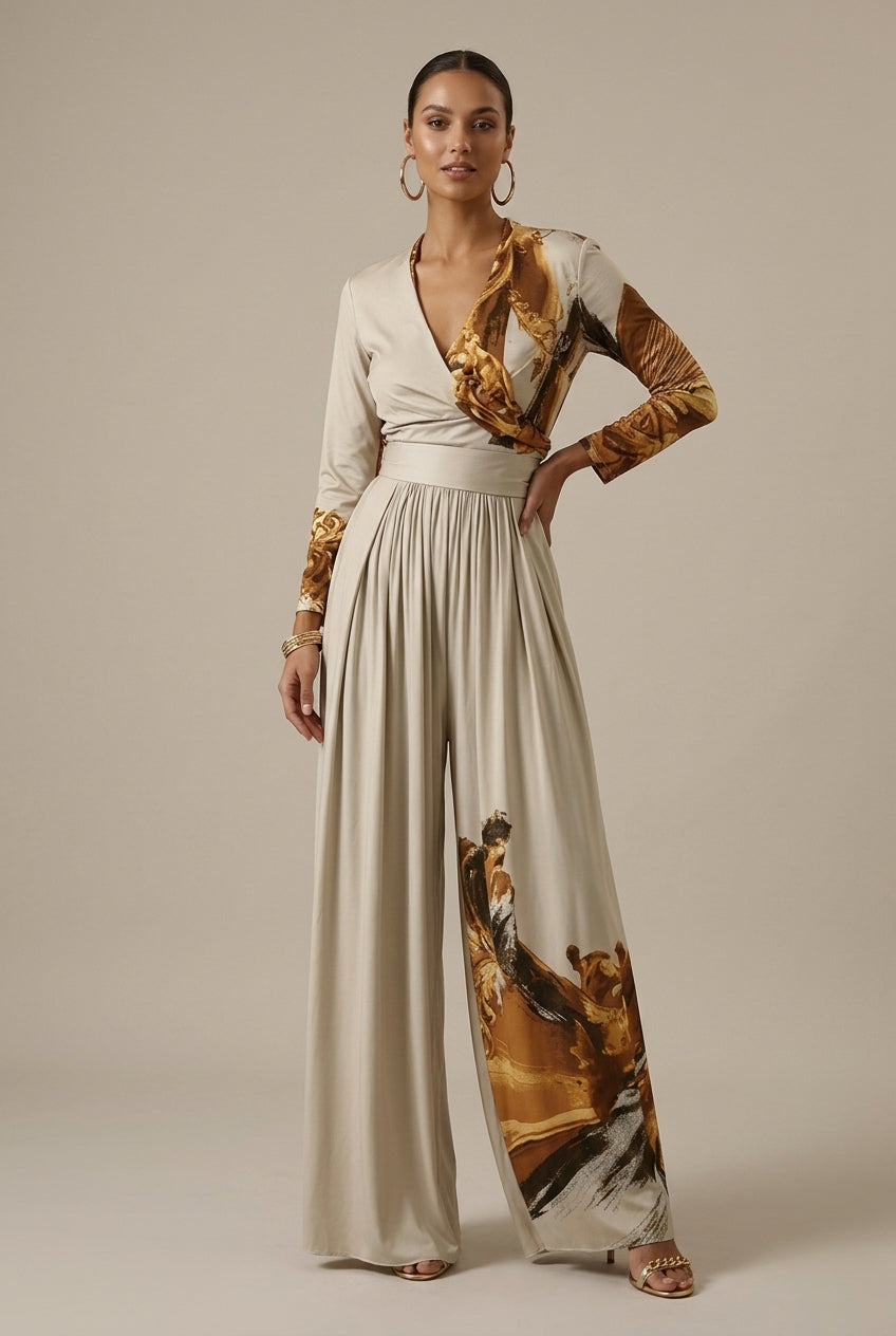 Women's beige abstract print wide leg jumpsuit with V neck