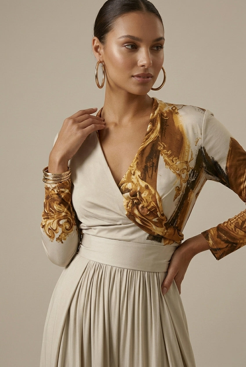 Women's beige abstract print wide leg jumpsuit with V neck