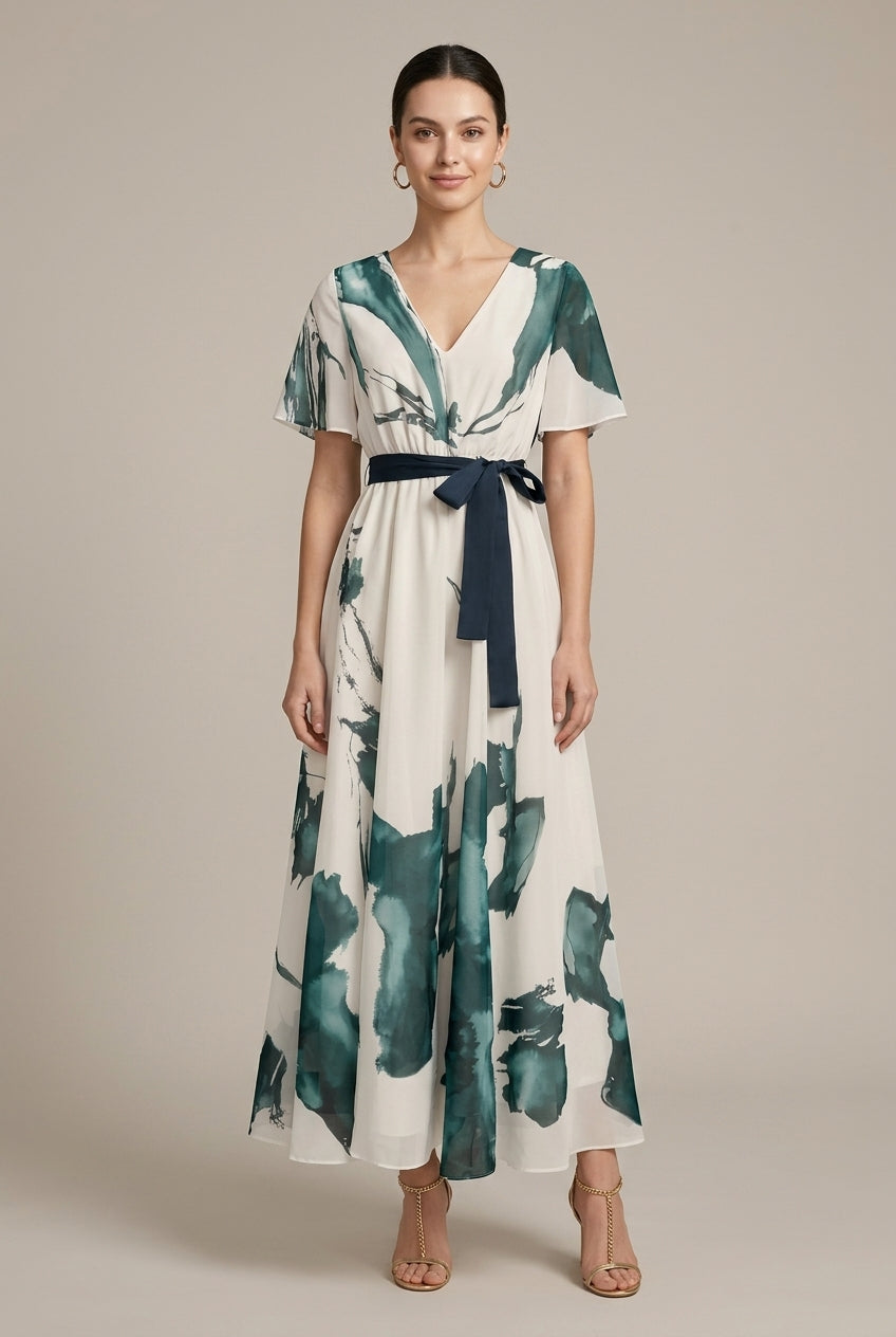 Women's green abstract print wrap maxi dress with tie waist