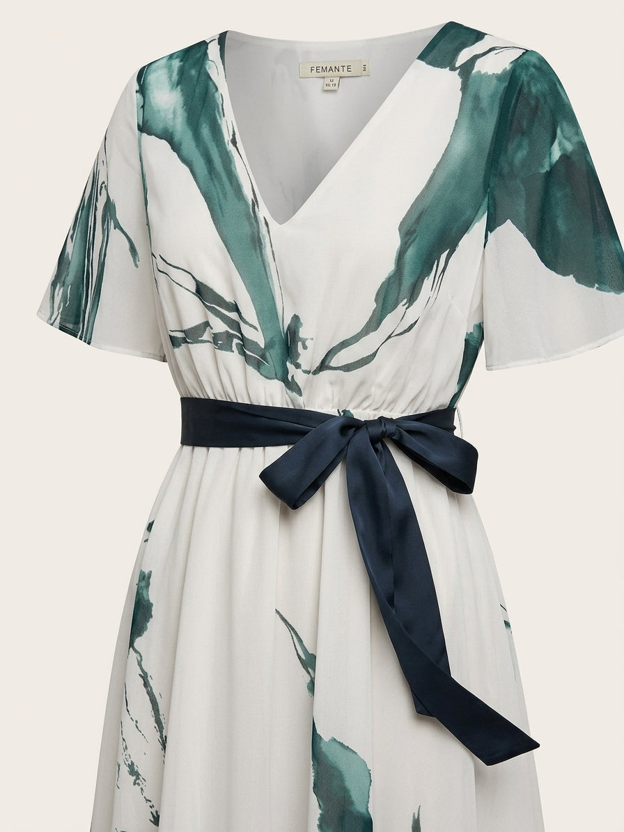 Women's green abstract print wrap maxi dress with tie waist