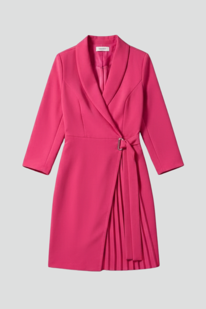 Women's pink notched collar blazer dress with a defined waist and straight hem
