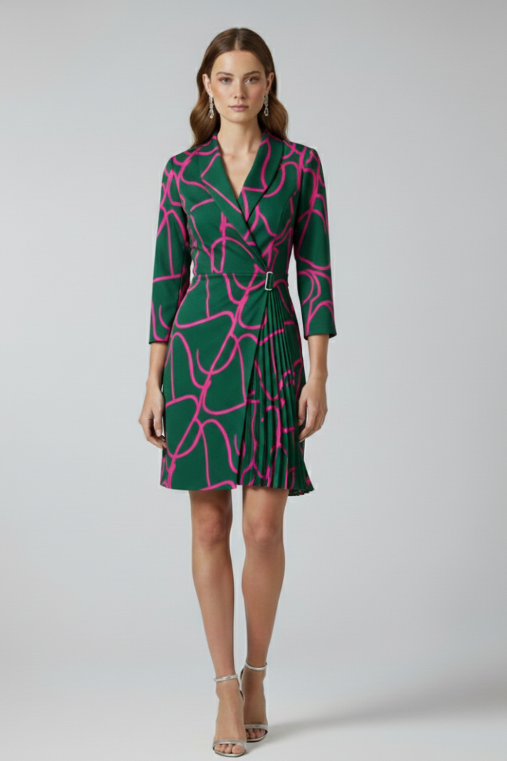 Women's black notched collar blazer dress with a defined waist and straight hem
