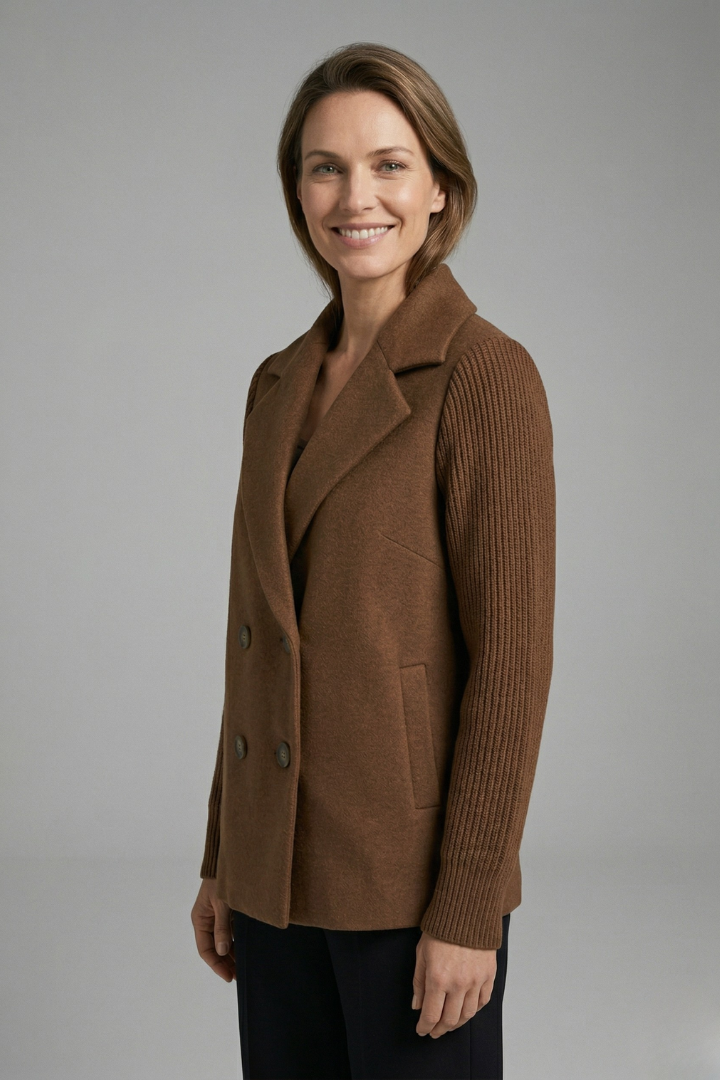 Women's dark brown double-breasted blazer with a lapel collar and ribbed sleeves