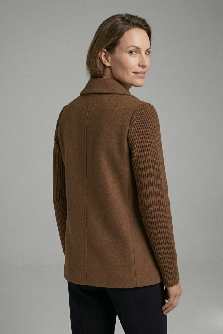 Women's dark brown double-breasted blazer with a lapel collar and ribbed sleeves