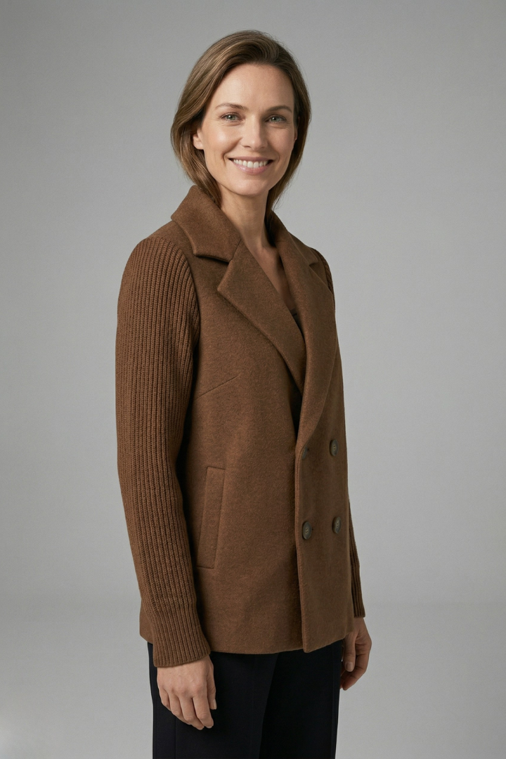 Women's dark brown double-breasted blazer with a lapel collar and ribbed sleeves