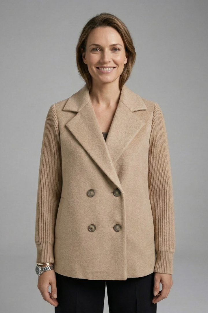 Women's khaki double-breasted blazer with a lapel collar and ribbed sleeves