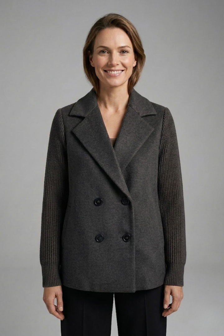 Women's khaki double-breasted blazer with a lapel collar and ribbed sleeves