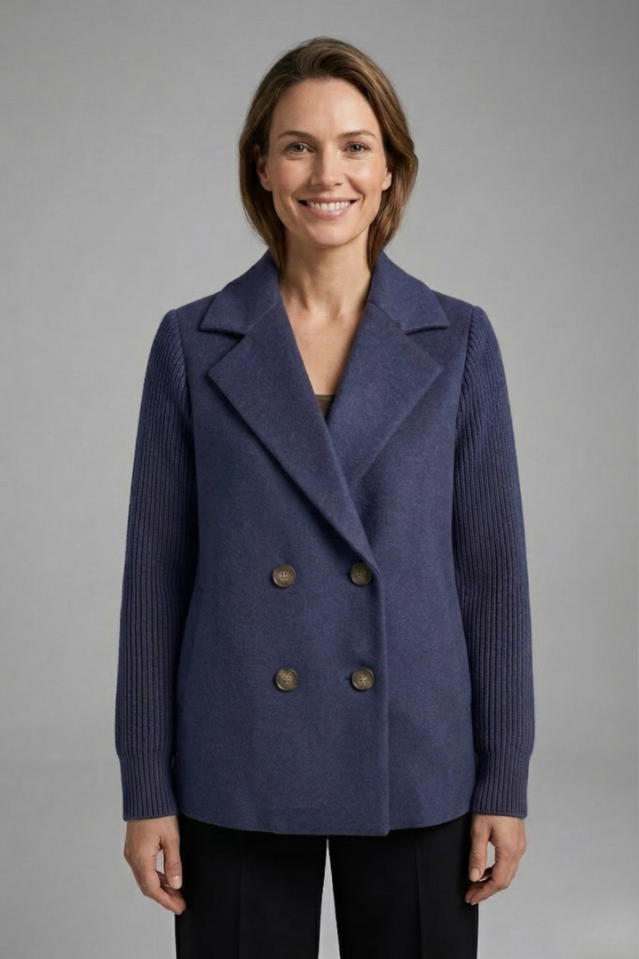 Women's khaki double-breasted blazer with a lapel collar and ribbed sleeves