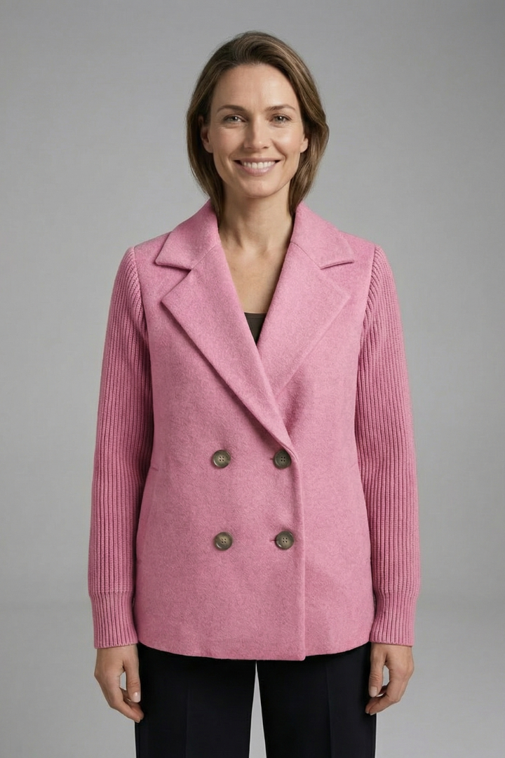 Women's khaki double-breasted blazer with a lapel collar and ribbed sleeves