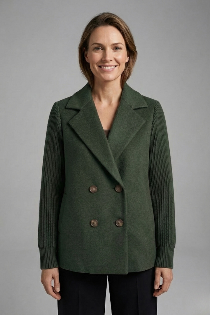Women's khaki double-breasted blazer with a lapel collar and ribbed sleeves