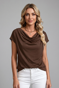 Women's Cowl Neck Top with Draped Front and Short Sleeves