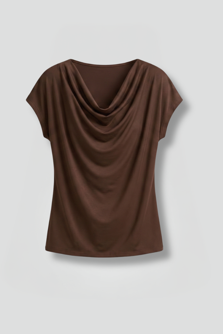 Women's brown cowl neck top with draped front