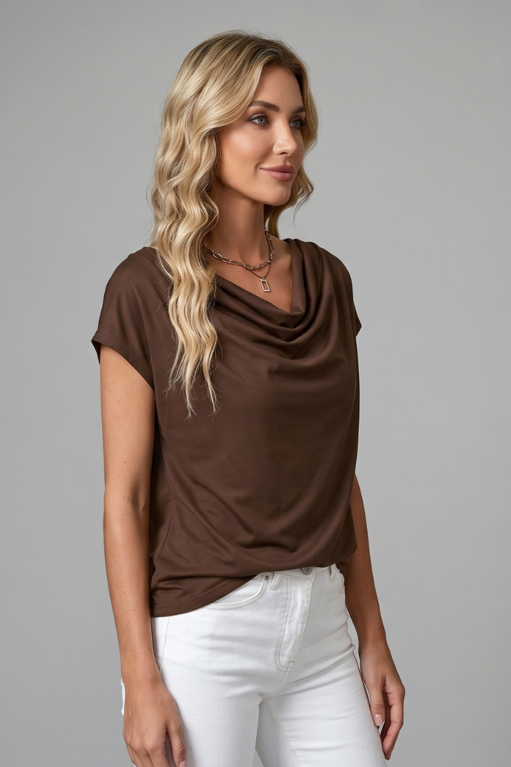 Women's brown cowl neck top with draped front