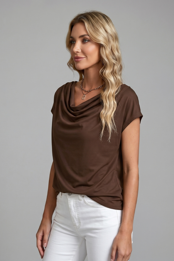 Women's brown cowl neck top with draped front