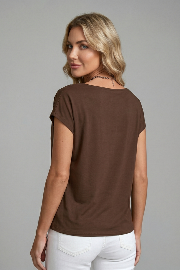 Women's brown cowl neck top with draped front