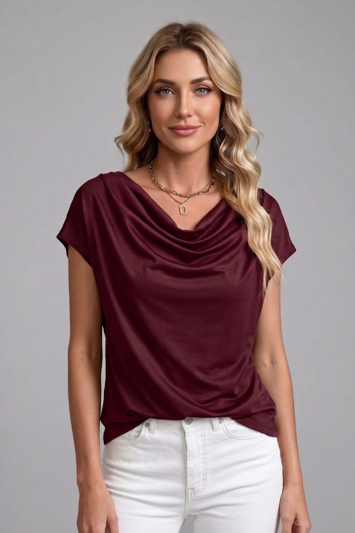 Women's dark green cowl neck top with draped front