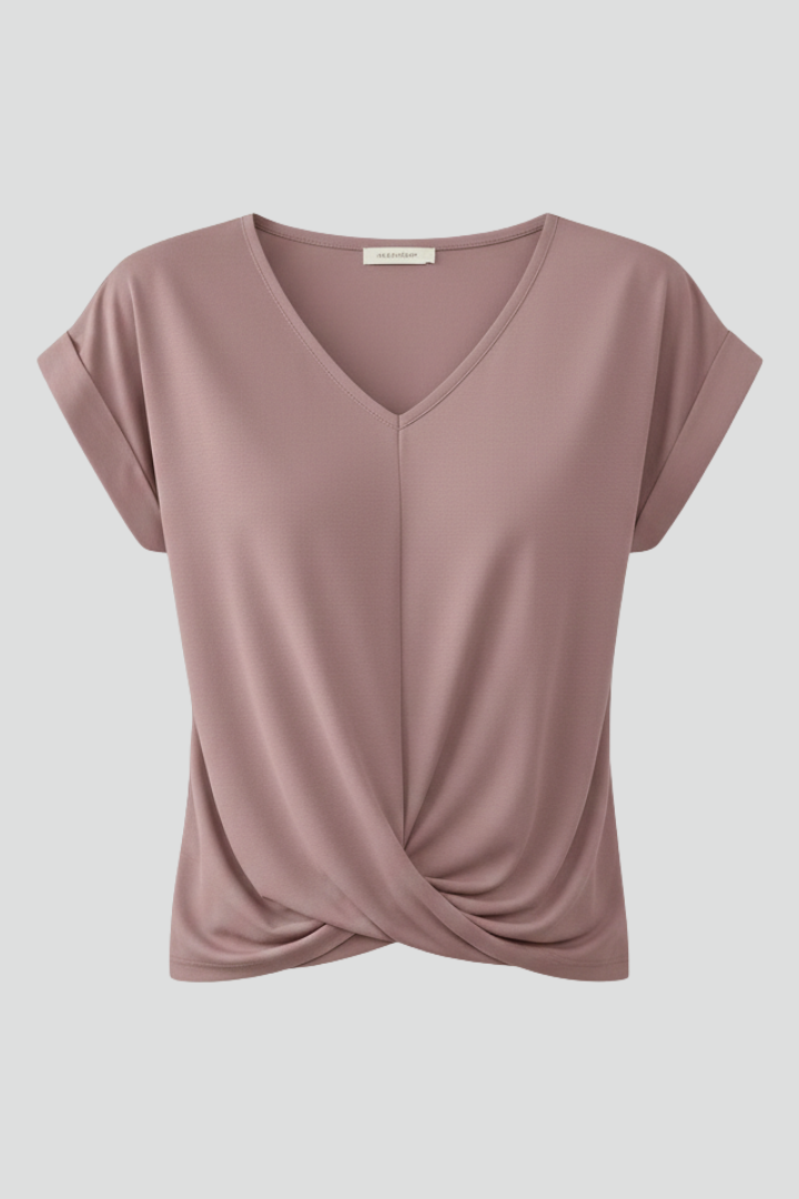 Women's pink V-neck blouse with short sleeves and relaxed fit
