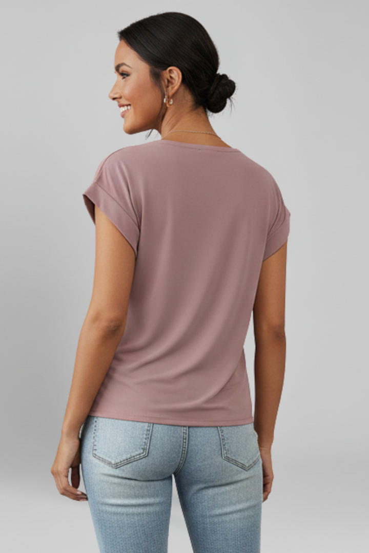 Women's pink V-neck blouse with short sleeves and relaxed fit