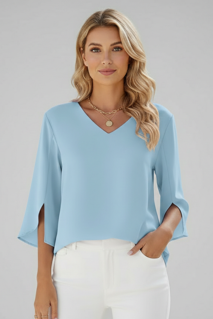 Women's blue short sleeve blouse with V-neck and chest pocket