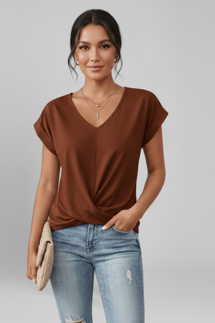 Women's black V-neck blouse with short sleeves and relaxed fit