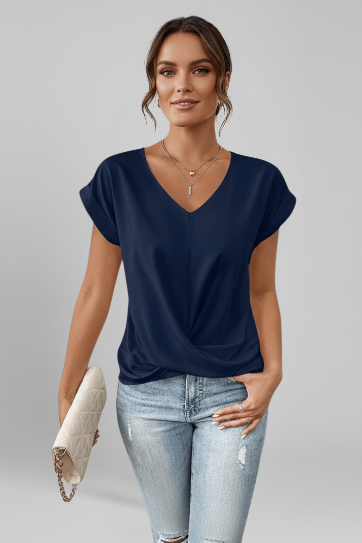 Women's black V-neck blouse with short sleeves and relaxed fit
