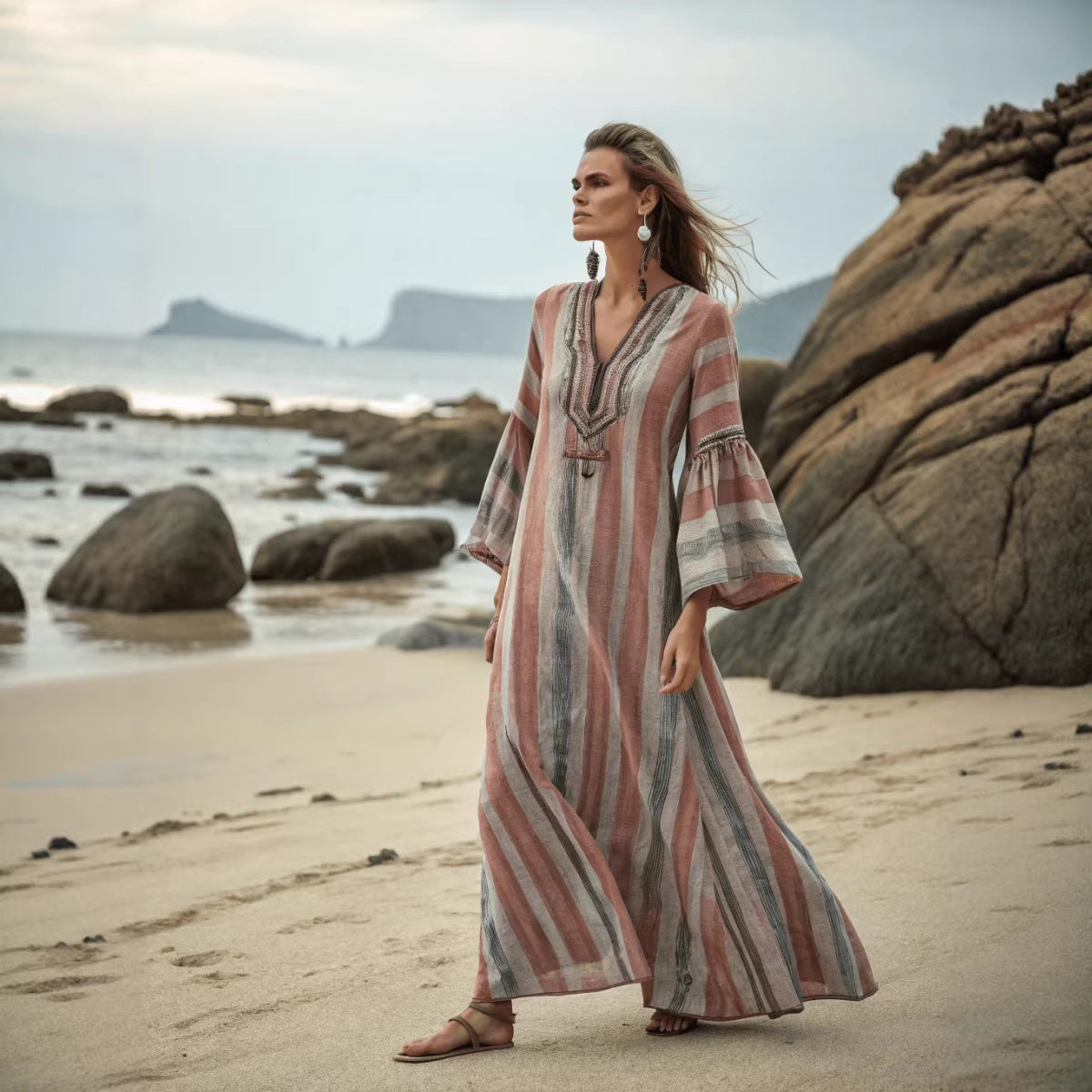 Women's light blue boho kaftan maxi dress with batwing sleeves and fringe hem