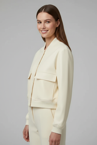 Women's Cropped Bomber Jacket with Baseball Collar and Snap-Button Fastening