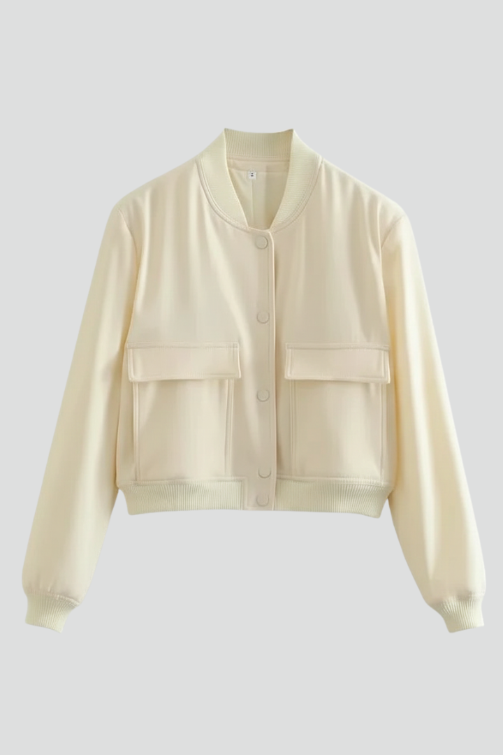 Women's beige baseball collar bomber jacket with snap-button front