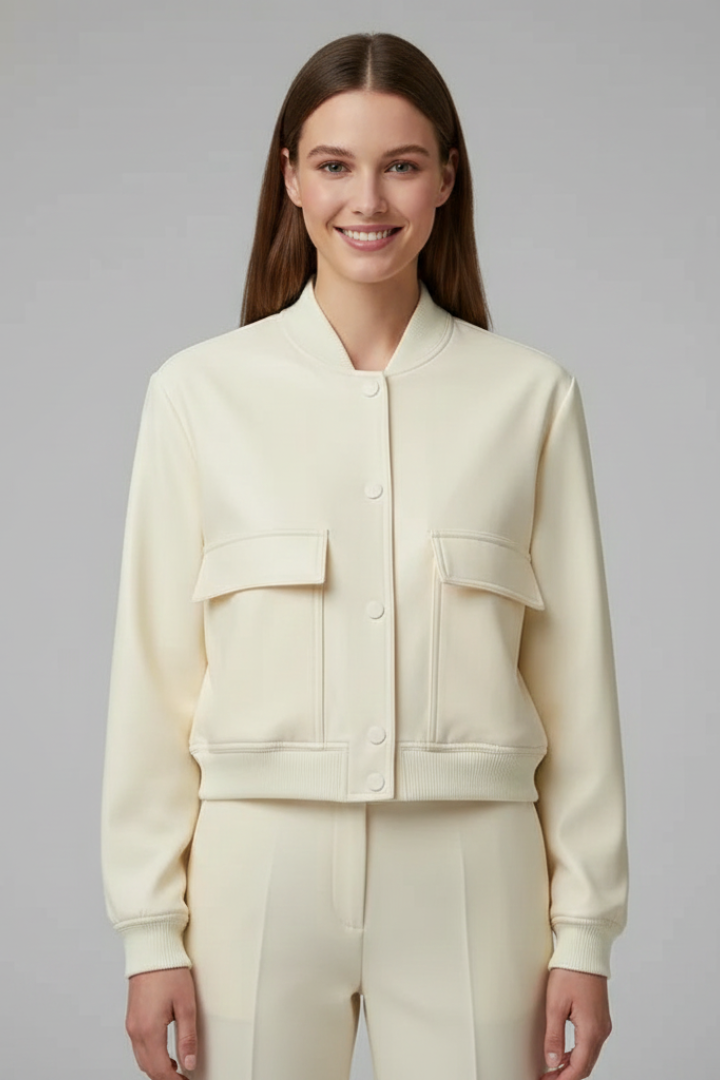 Women's beige baseball collar bomber jacket with snap-button front