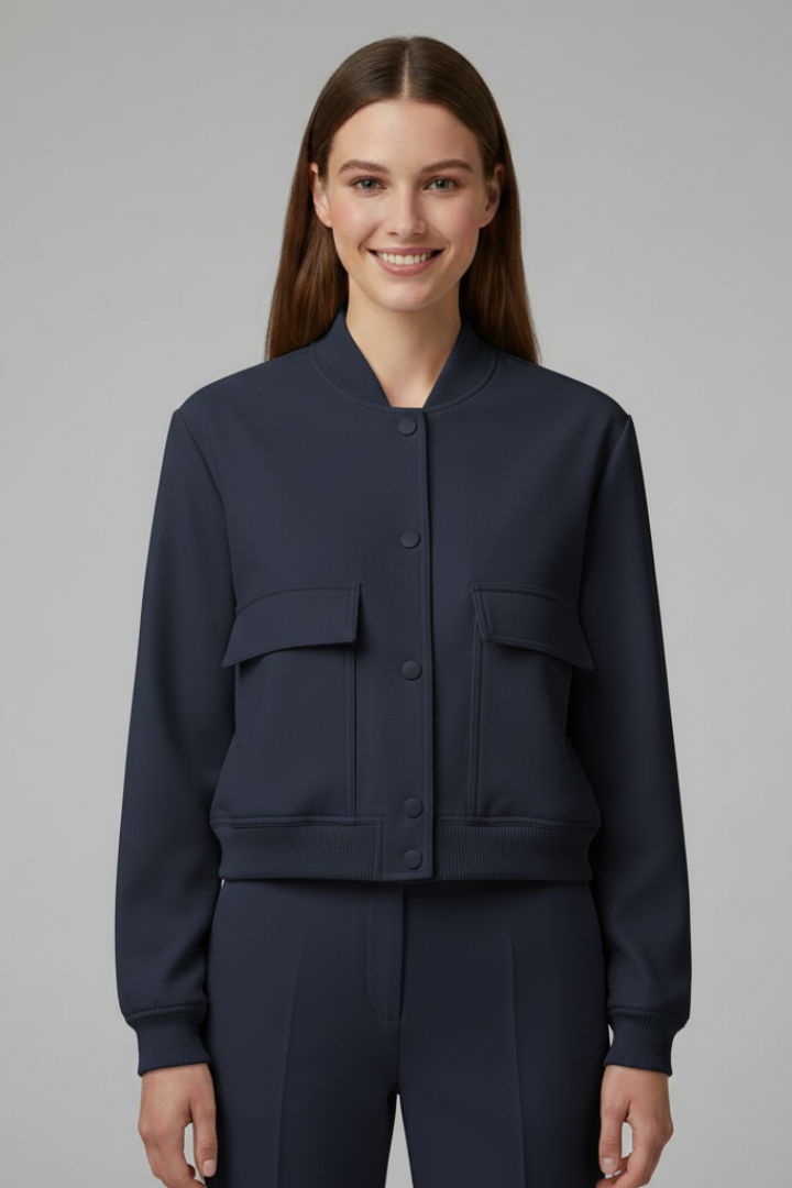 Women's beige baseball collar bomber jacket with snap-button front