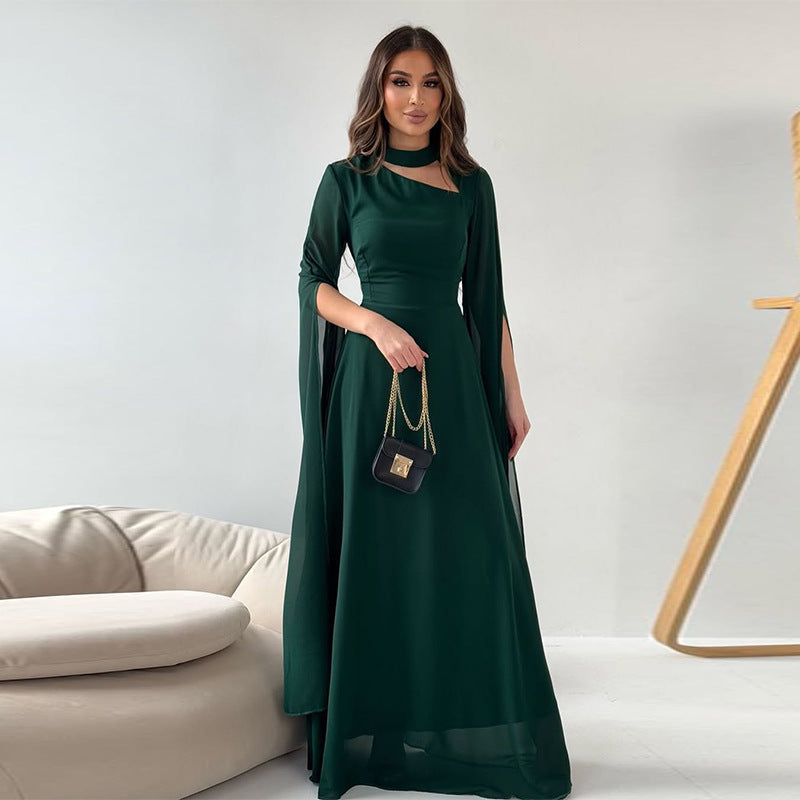 Women's pink chiffon maxi dress with cape sleeves