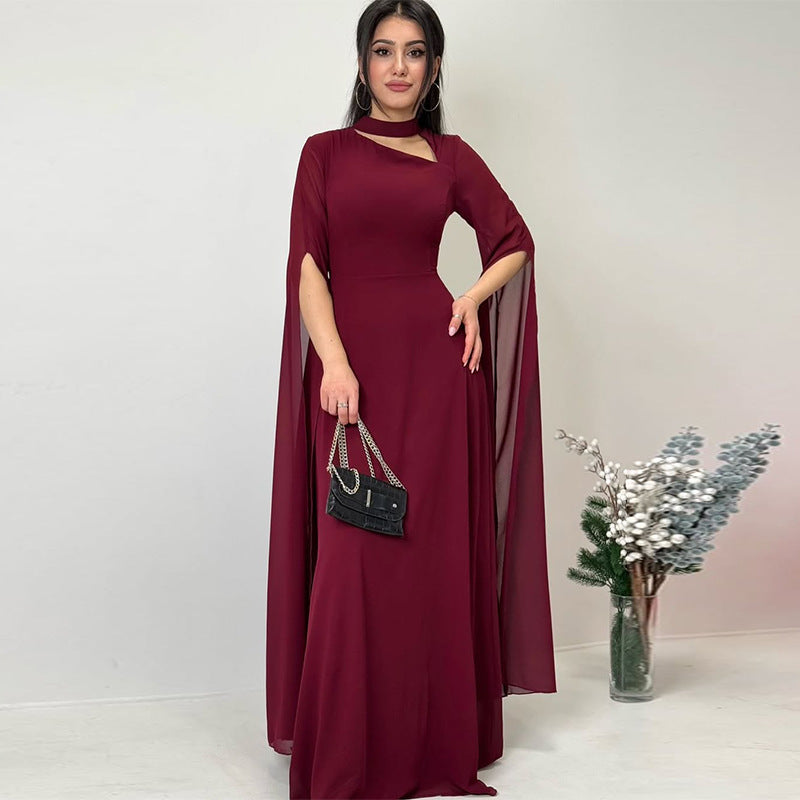 Women's pink chiffon maxi dress with cape sleeves