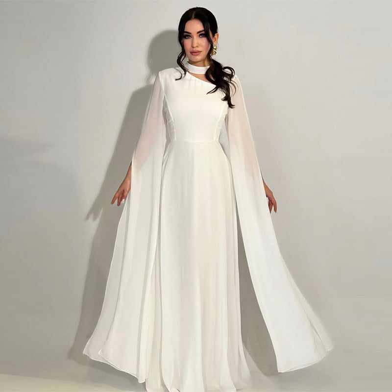 Women's pink chiffon maxi dress with cape sleeves