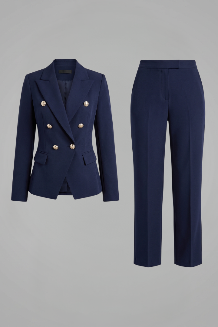 Women's navy blue double-breasted blazer co-ord set for smart office wear