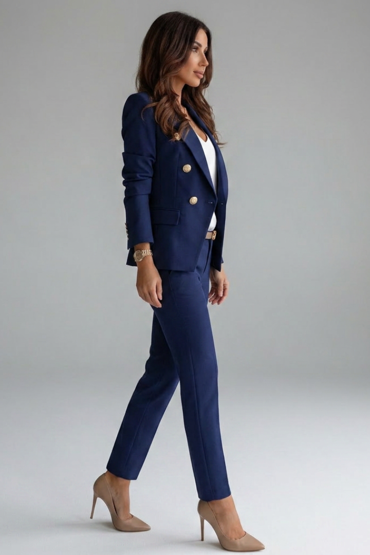 Women's navy blue double-breasted blazer co-ord set for smart office wear