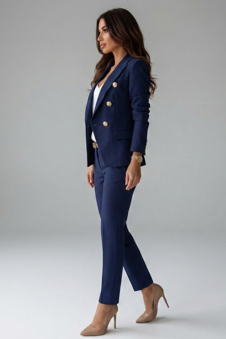 Women's navy blue double-breasted blazer co-ord set for smart office wear