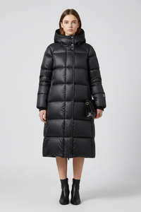 Women's Hooded Quilted Long Down Coat for Winter Padded Warmth – Black