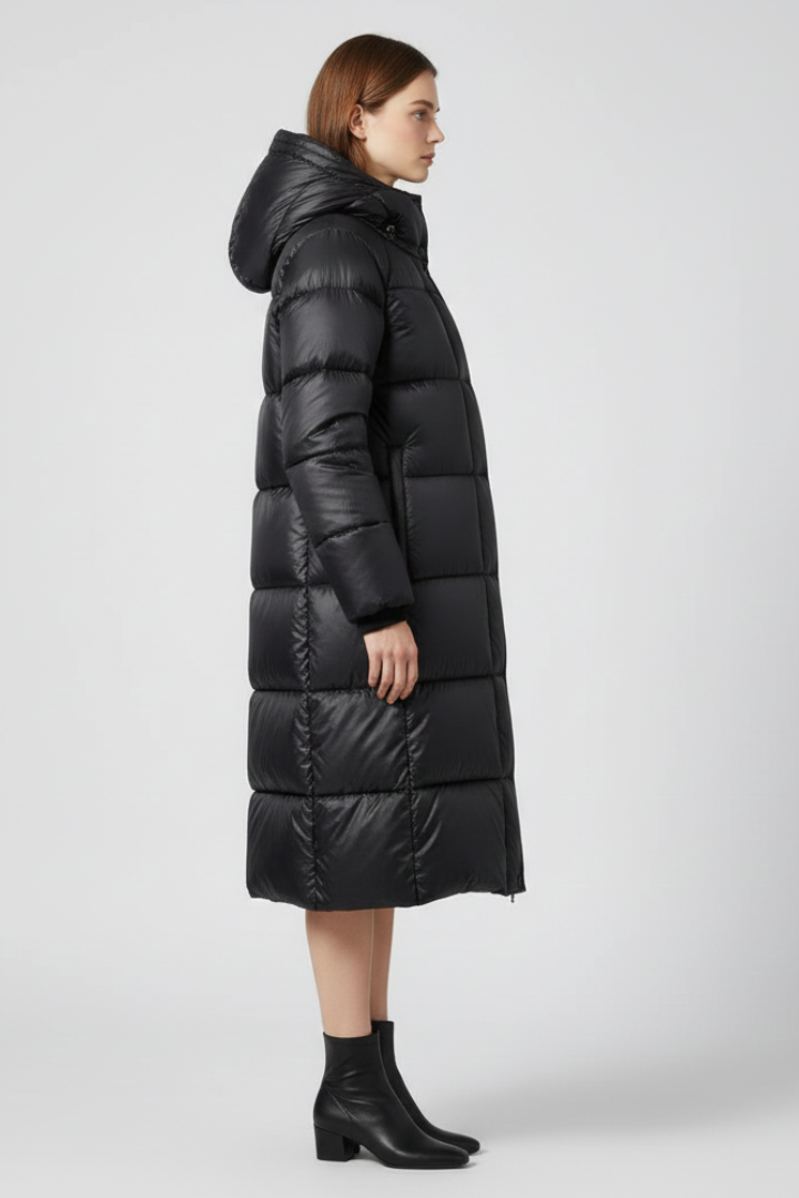 Women's black hooded quilted down coat with insulated warmth for winter