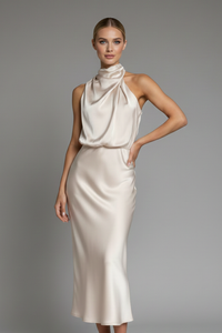 Women's High Neck Occasion Maxi Dress with Draped Front