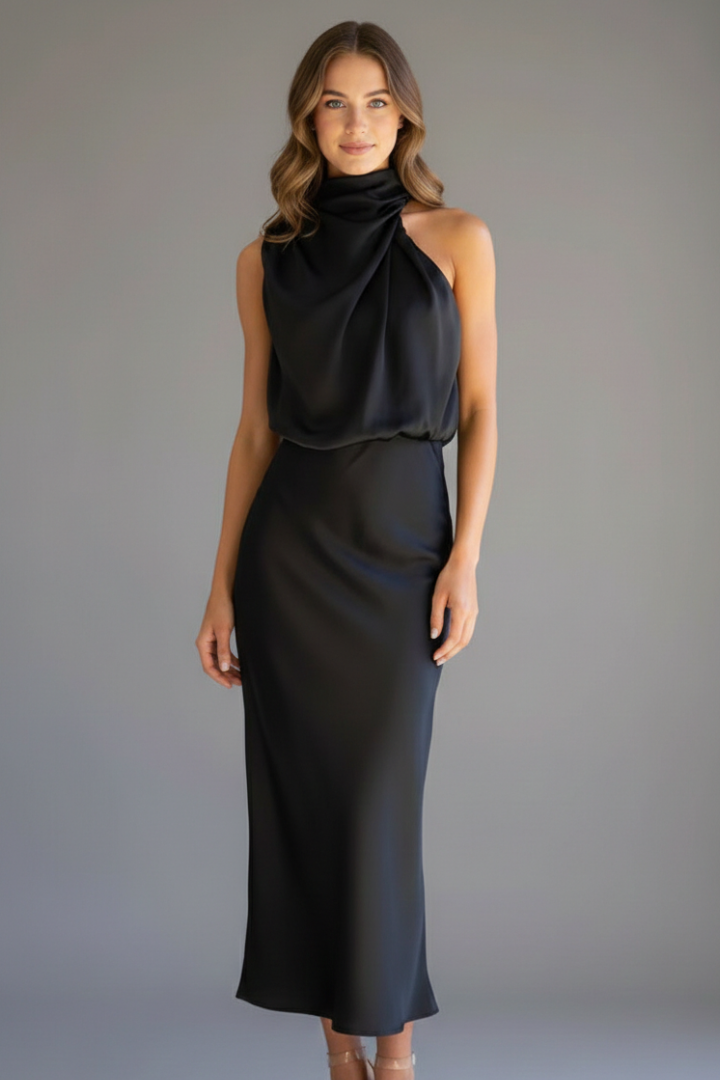 Women's olive high neck occasion maxi dress with draped front