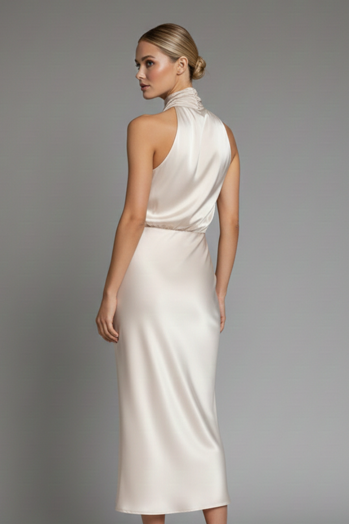 Women's champagne high neck occasion maxi dress with draped front