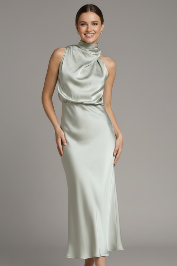 Women's champagne high neck occasion maxi dress with draped front