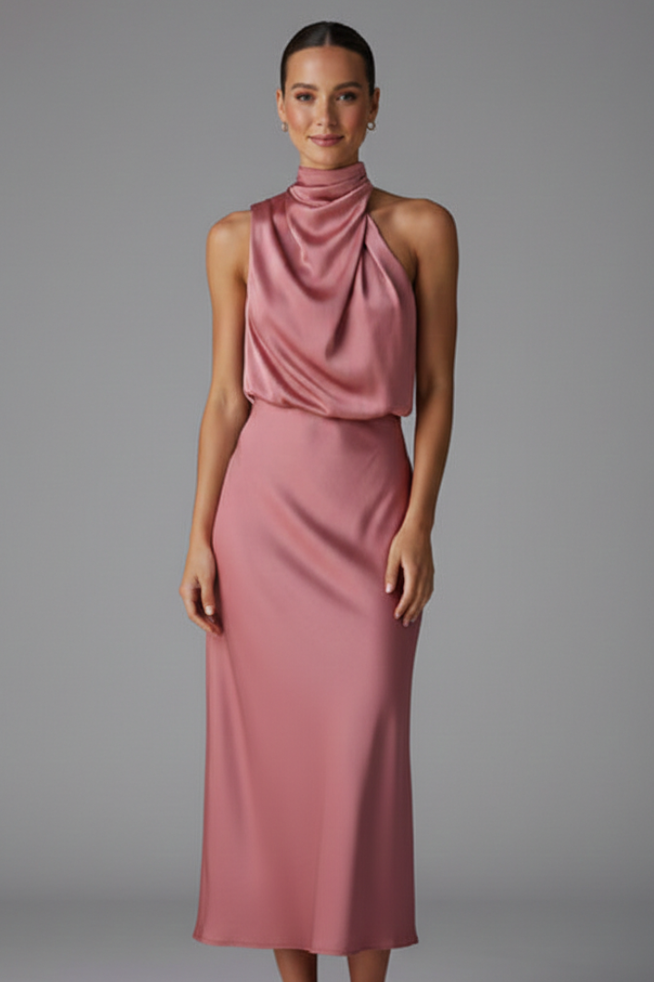 Women's champagne high neck occasion maxi dress with draped front