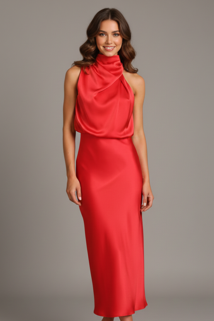 Women's olive high neck occasion maxi dress with draped front