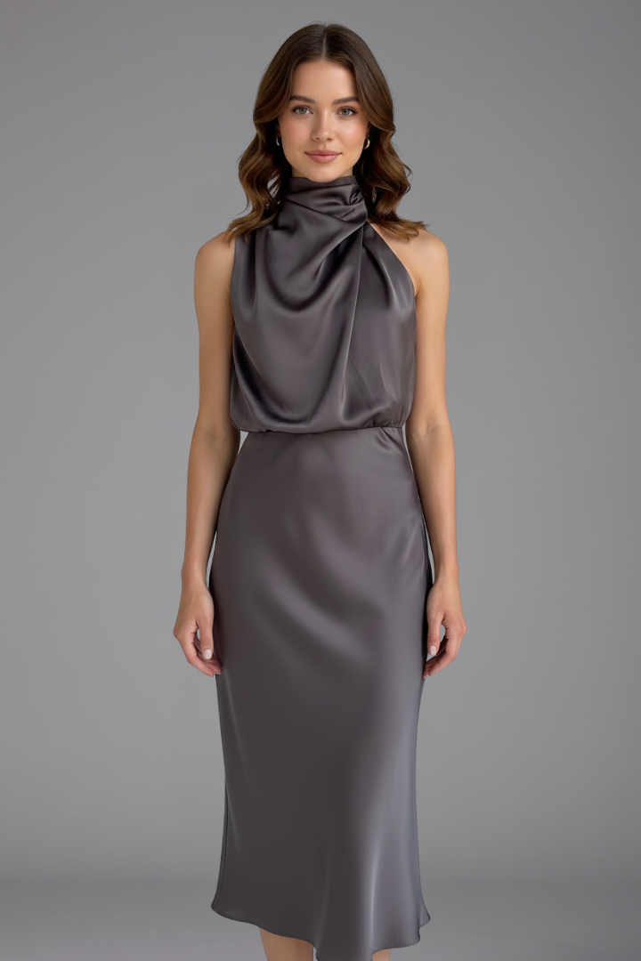Women's olive high neck occasion maxi dress with draped front